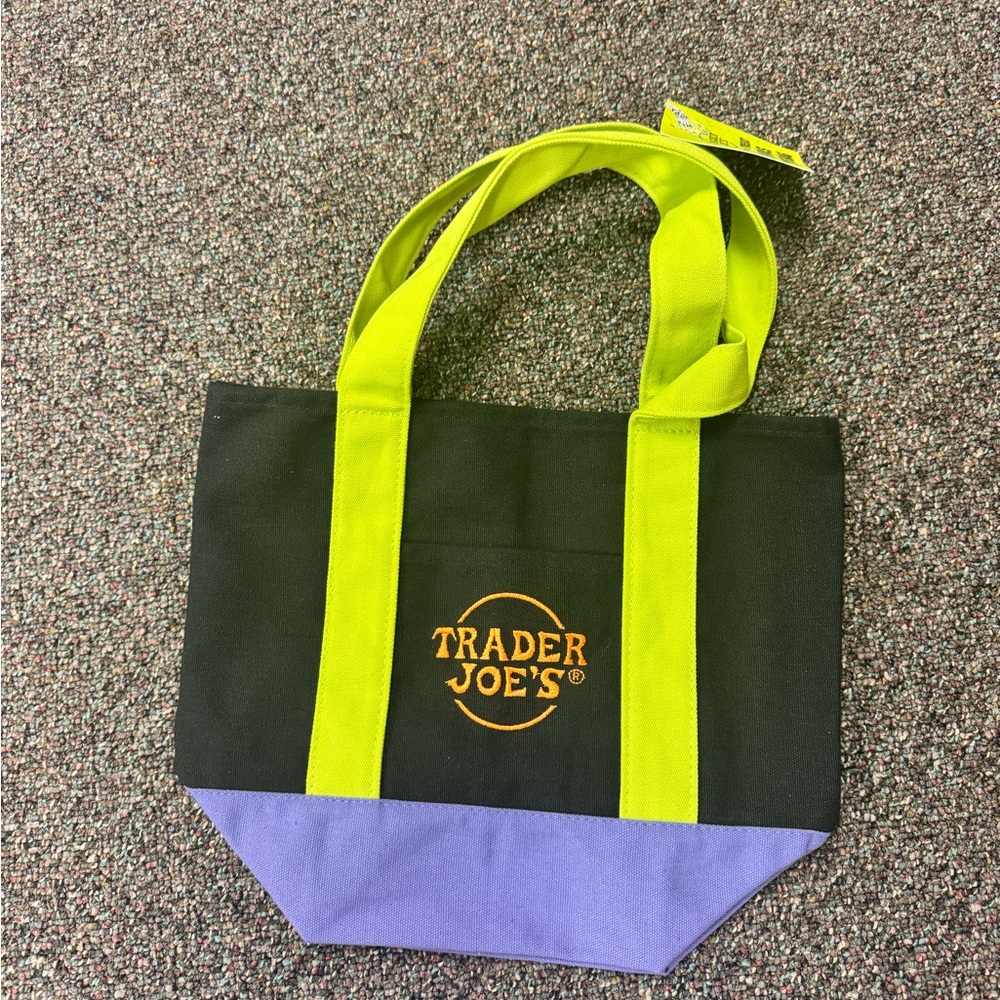 Trader Joe's Black and Purple Tote Bag with Green Straps